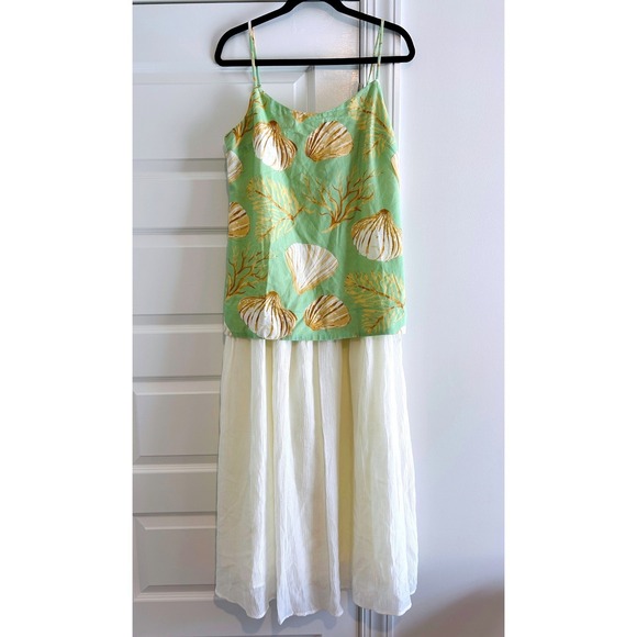 Moon River Dresses & Skirts - Moon River Green Shell Coral Print Drop Waist Midi Dress Cream Gauze Skirt Small